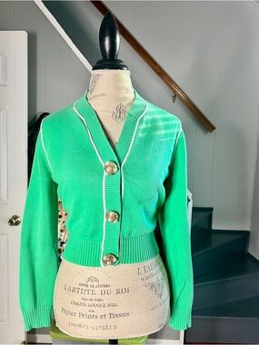 CAbi vintage Green Cropped Cardigan with Pearl Accent Buttons
